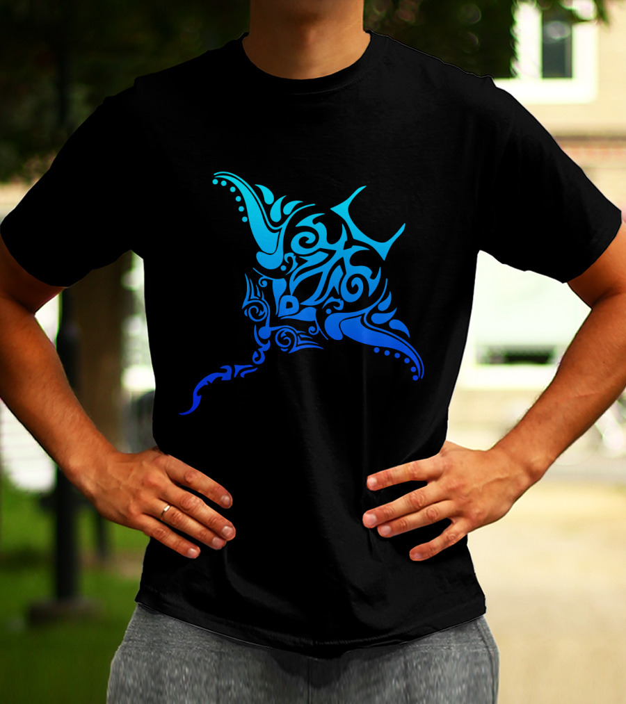 Hawaiian Tribal Stingray Polynesian Tattoo Style Blue T-Shirt
