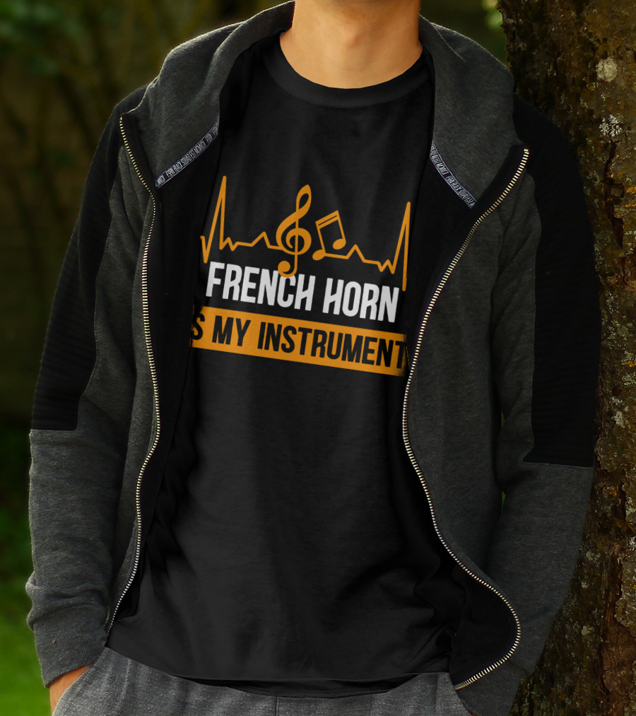 French Horn Is My Instrument Heartbeat Musical Notes Treble Clef T-Shirt
