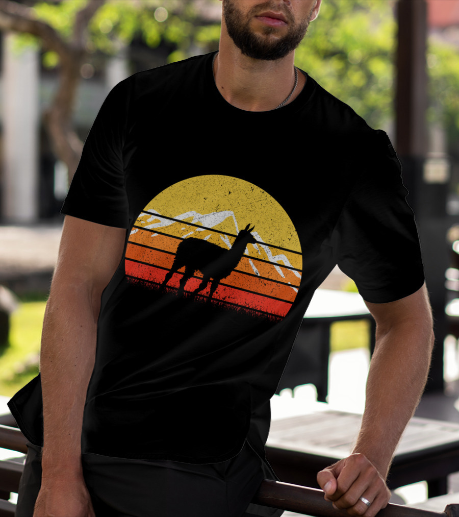 Retro Vintage Alpaca Silhouette Sunset Mountain Scene T-Shirt