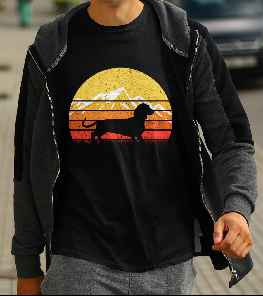 Retro Vintage Dachshund Dog Silhouette Sunset Mountains T-Shirt