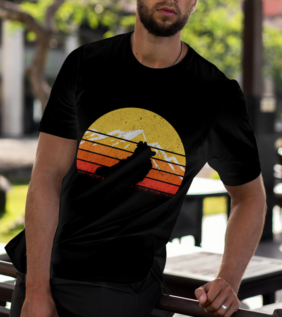 Retro Vintage Pomeranian Dog Sunset Silhouette With Mountain Background T-Shirt