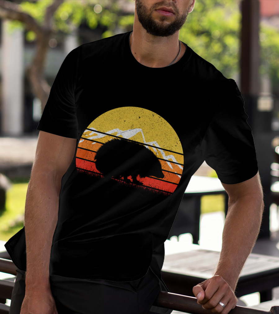 Retro Vintage Hedgehog Silhouette Against Sunset Mountain Stripe Circle T-Shirt