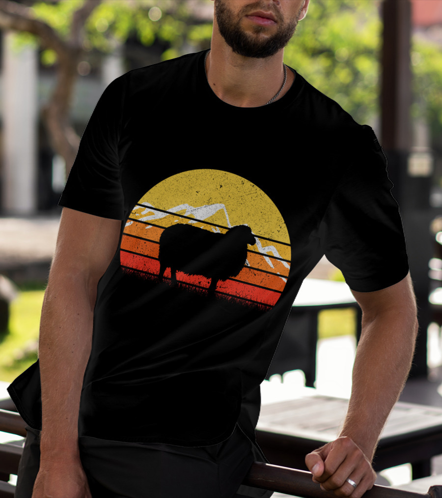 Retro Vintage Sheep Sunset With Mountains T-Shirt