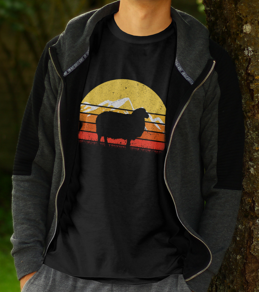 Retro Vintage Sheep Sunset With Mountains T-Shirt