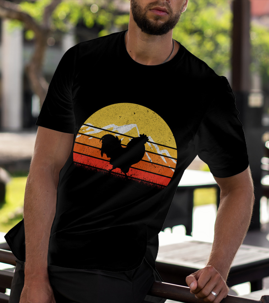 Retro Vintage Chicken Silhouette Sunset With Mountain Background T-Shirt