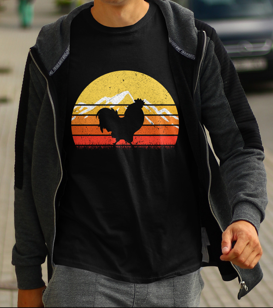 Retro Vintage Chicken Silhouette Sunset With Mountain Background T-Shirt