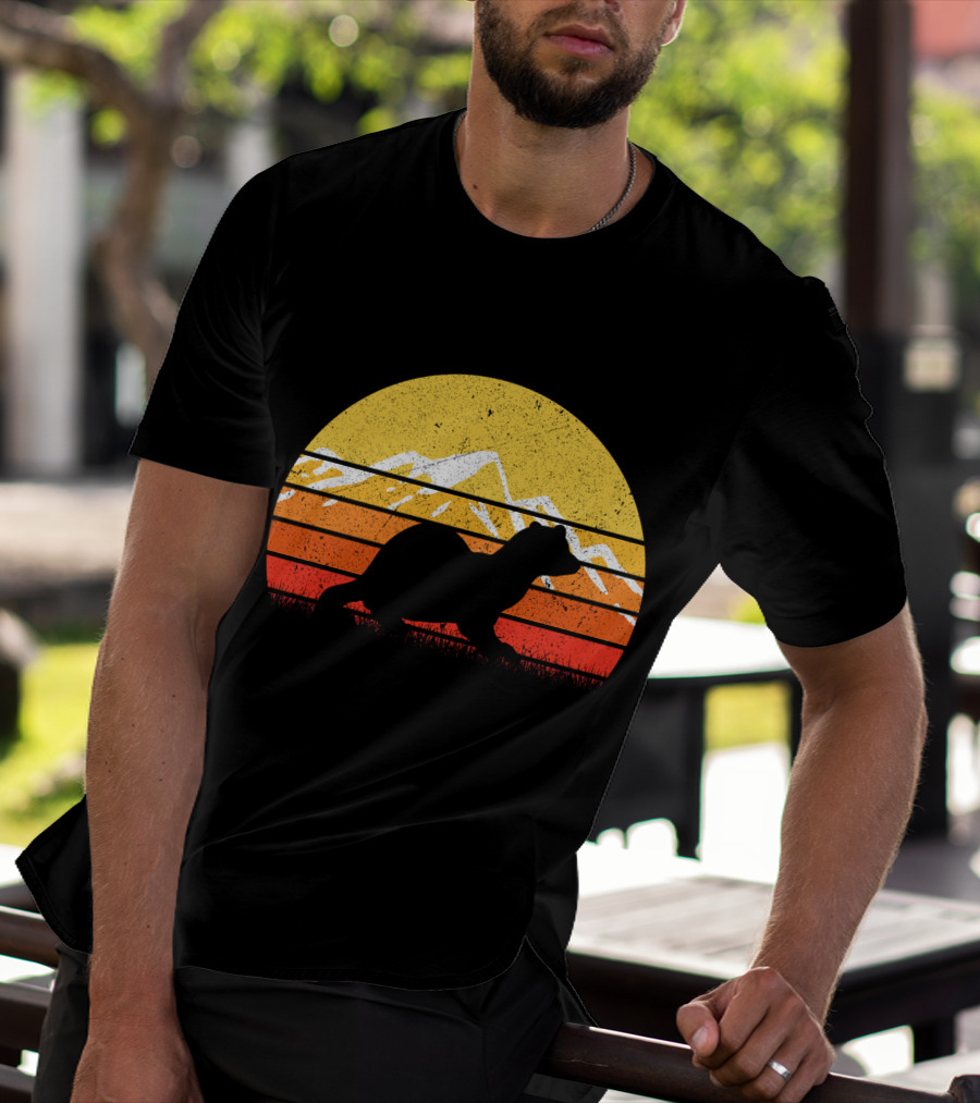 Retro Vintage Ferret Sunset Silhouette Mountain Stripes T-Shirt