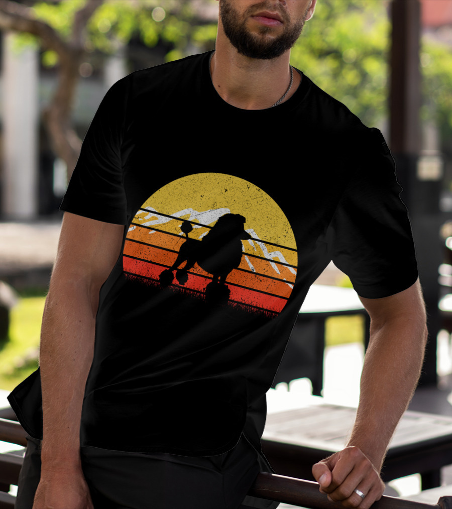 Retro Vintage Poodle Dog Sunset Silhouette With Mountains And Stripes T-Shirt