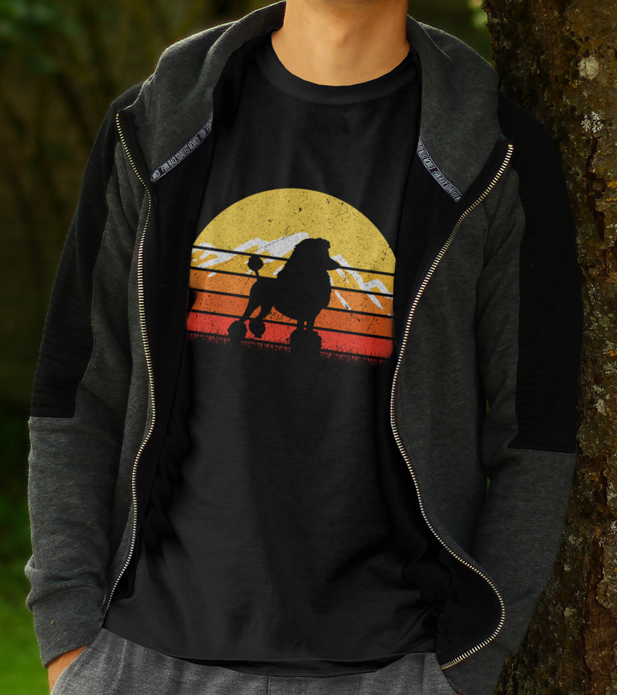 Retro Vintage Poodle Dog Sunset Silhouette With Mountains And Stripes T-Shirt
