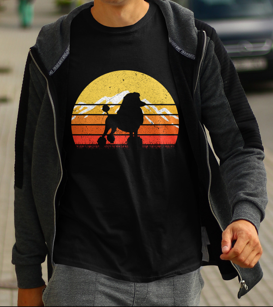 Retro Vintage Poodle Dog Sunset Silhouette With Mountains And Stripes T-Shirt