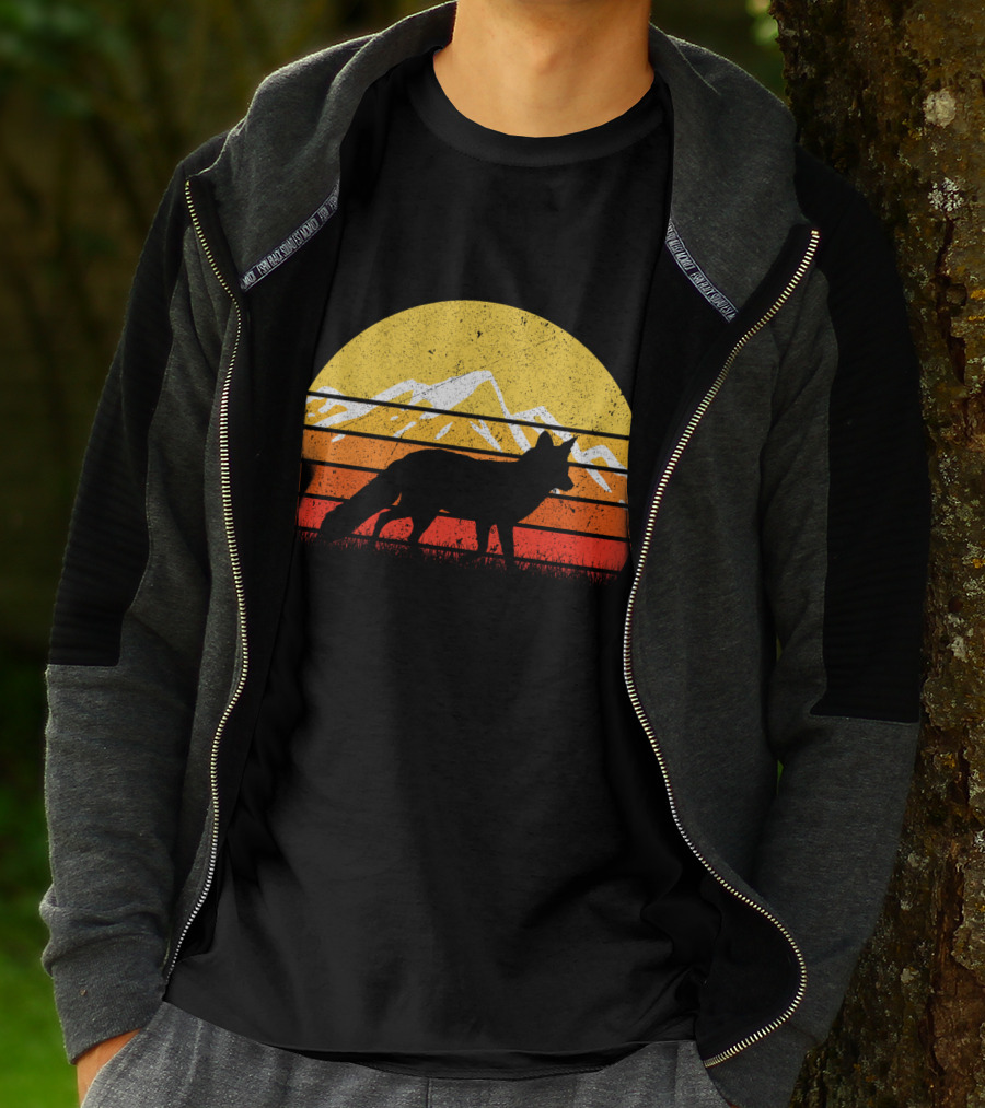 Retro Vintage Fox Silhouette With Mountains And Sunset Stripes T-Shirt