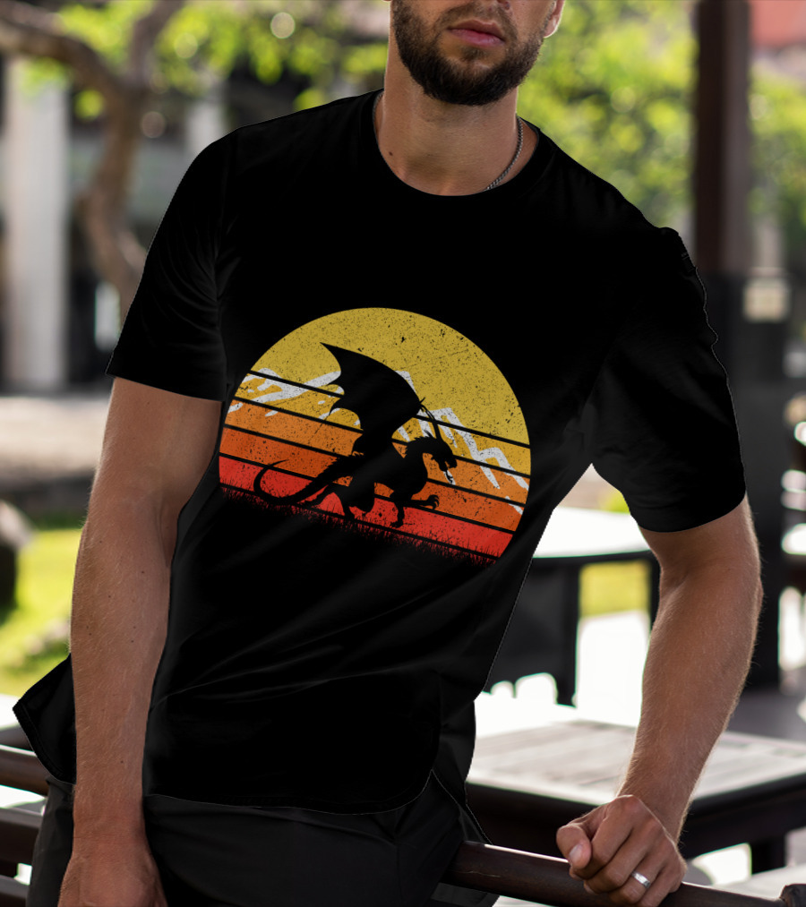 Retro Vintage Dragon With Silhouette And Sunset Mountains T-Shirt