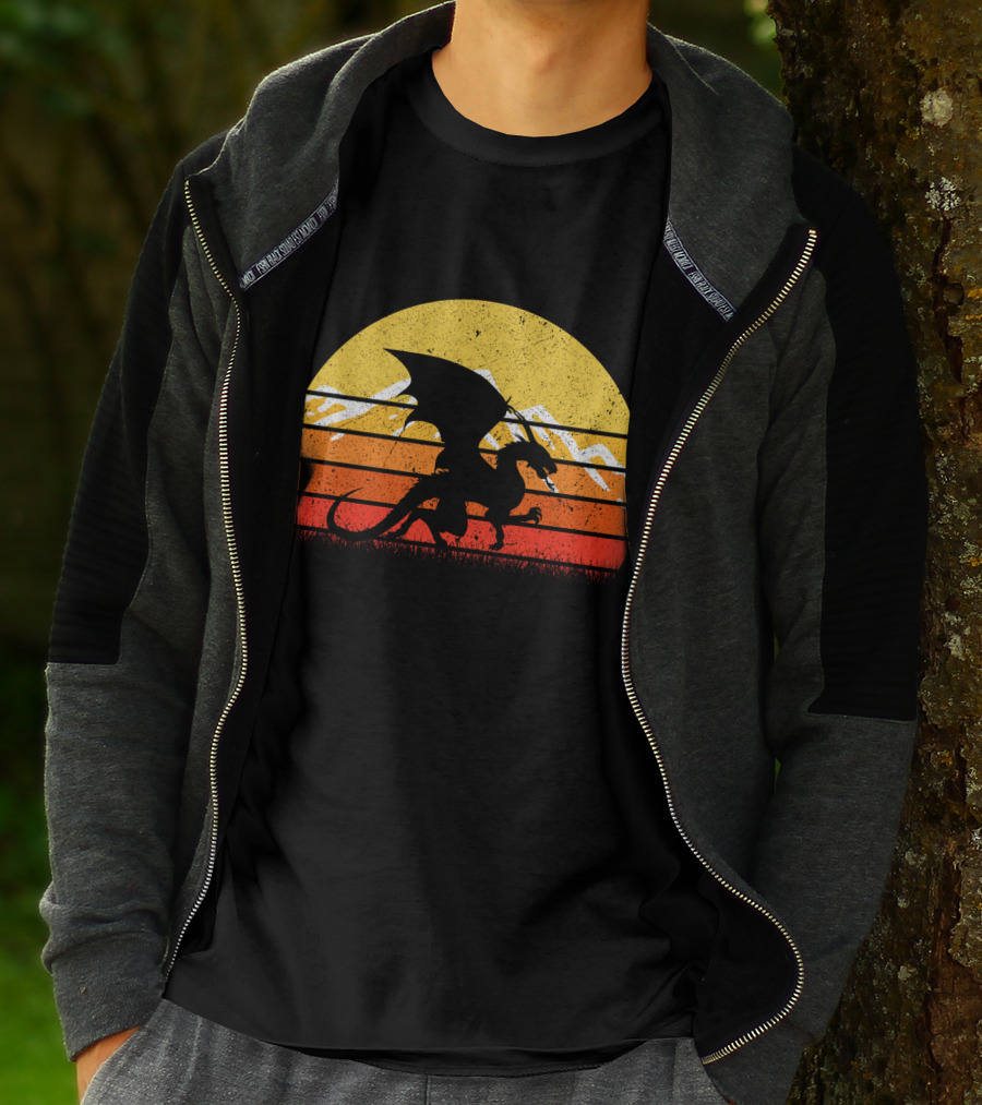 Retro Vintage Dragon With Silhouette And Sunset Mountains T-Shirt
