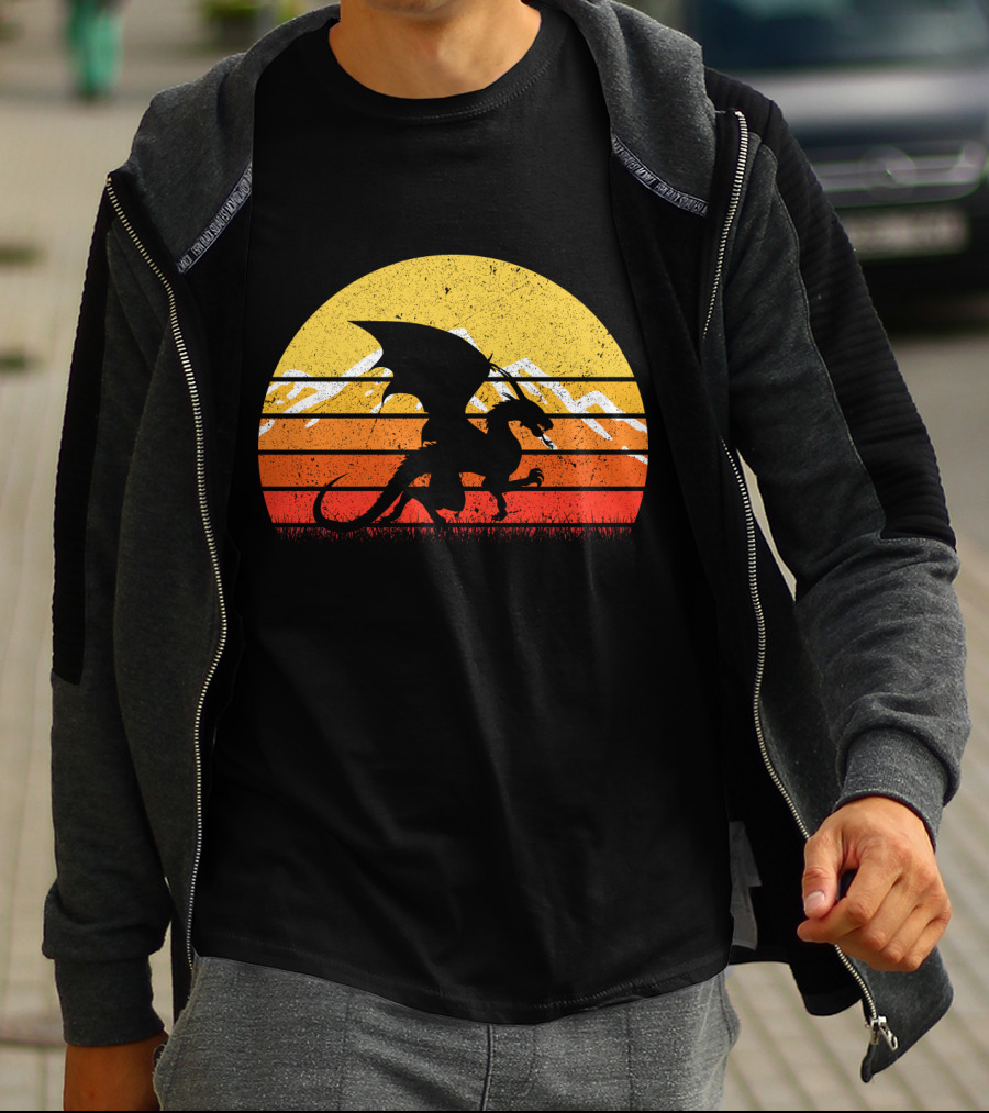 Retro Vintage Dragon With Silhouette And Sunset Mountains T-Shirt