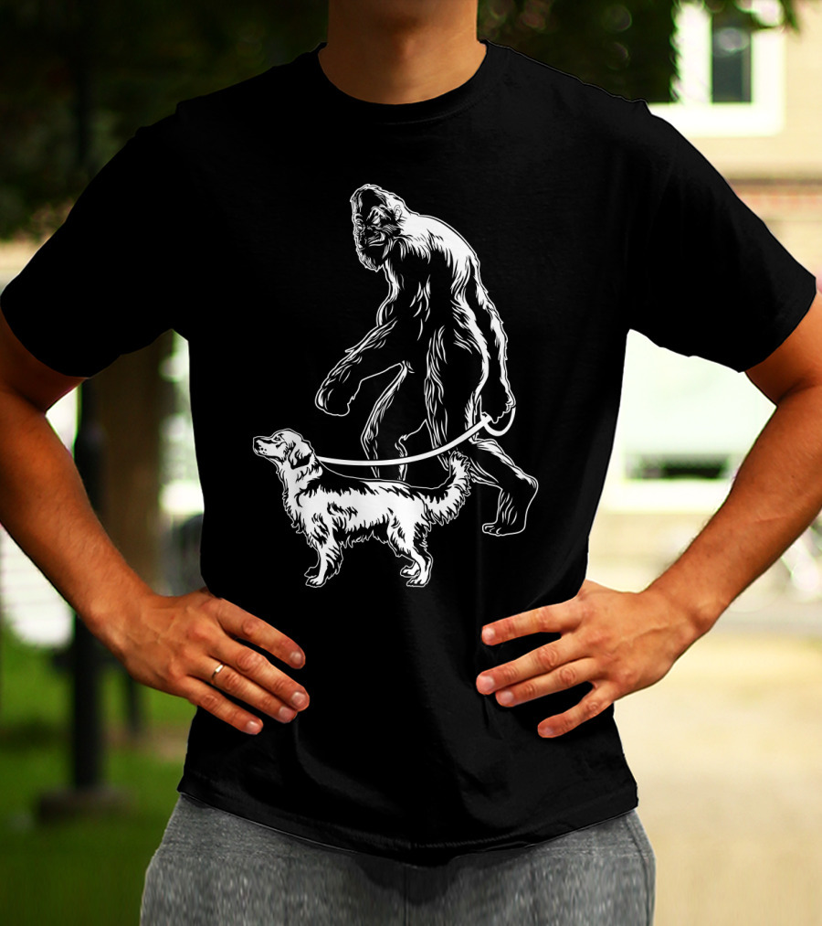 Bigfoot Walking Golden Retriever Dog T-Shirt