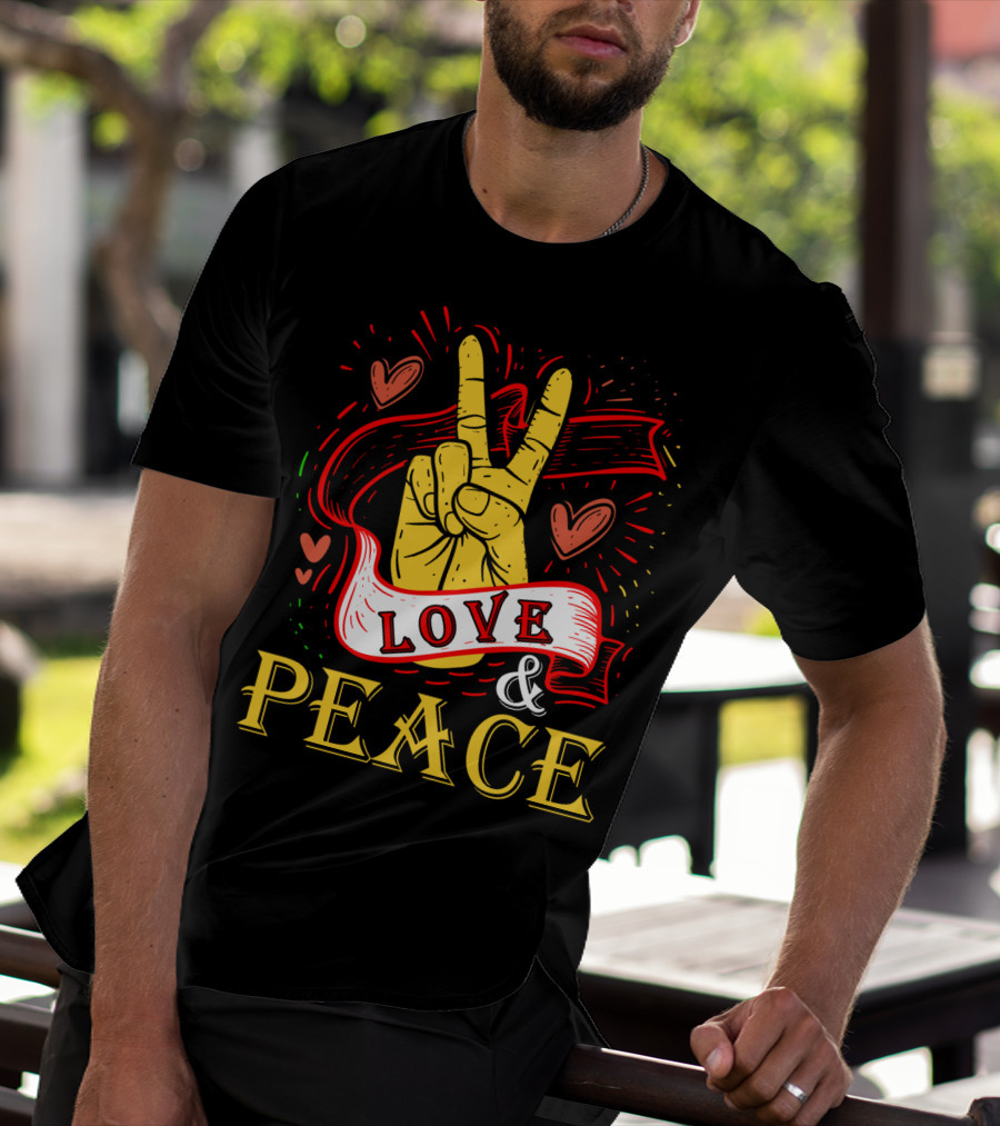 LOVE And PEACE Hand Gesture With Hearts And Banner T-Shirt