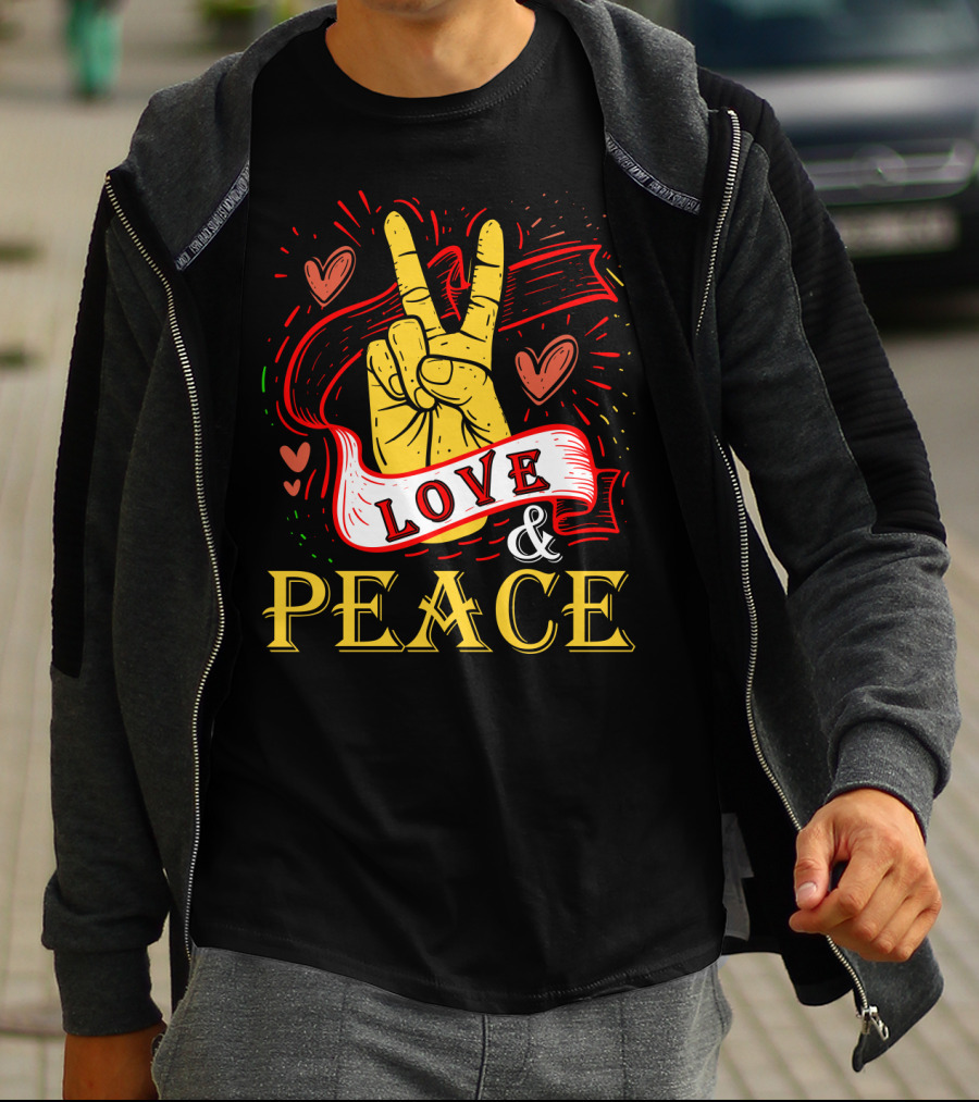 LOVE And PEACE Hand Gesture With Hearts And Banner T-Shirt