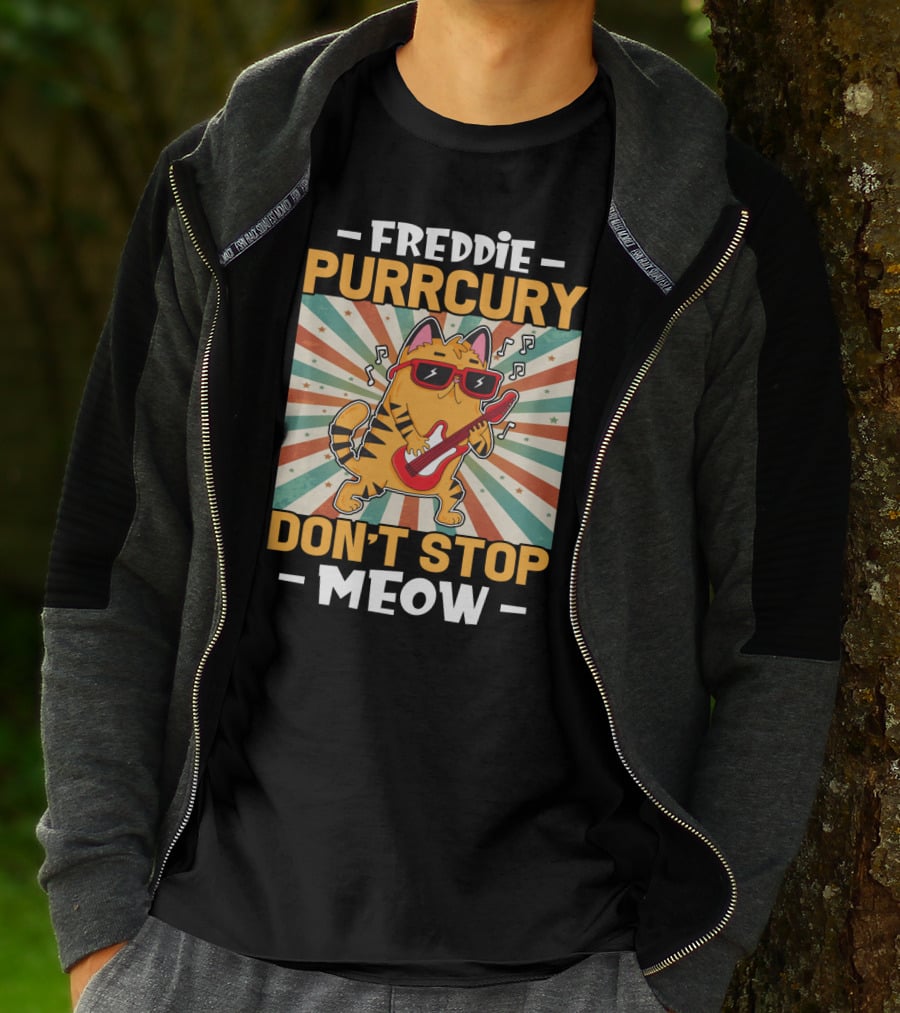 Freddie Purrcury Don't Stop Meow Cat With Guitar Retro Music Vibes T-Shirt