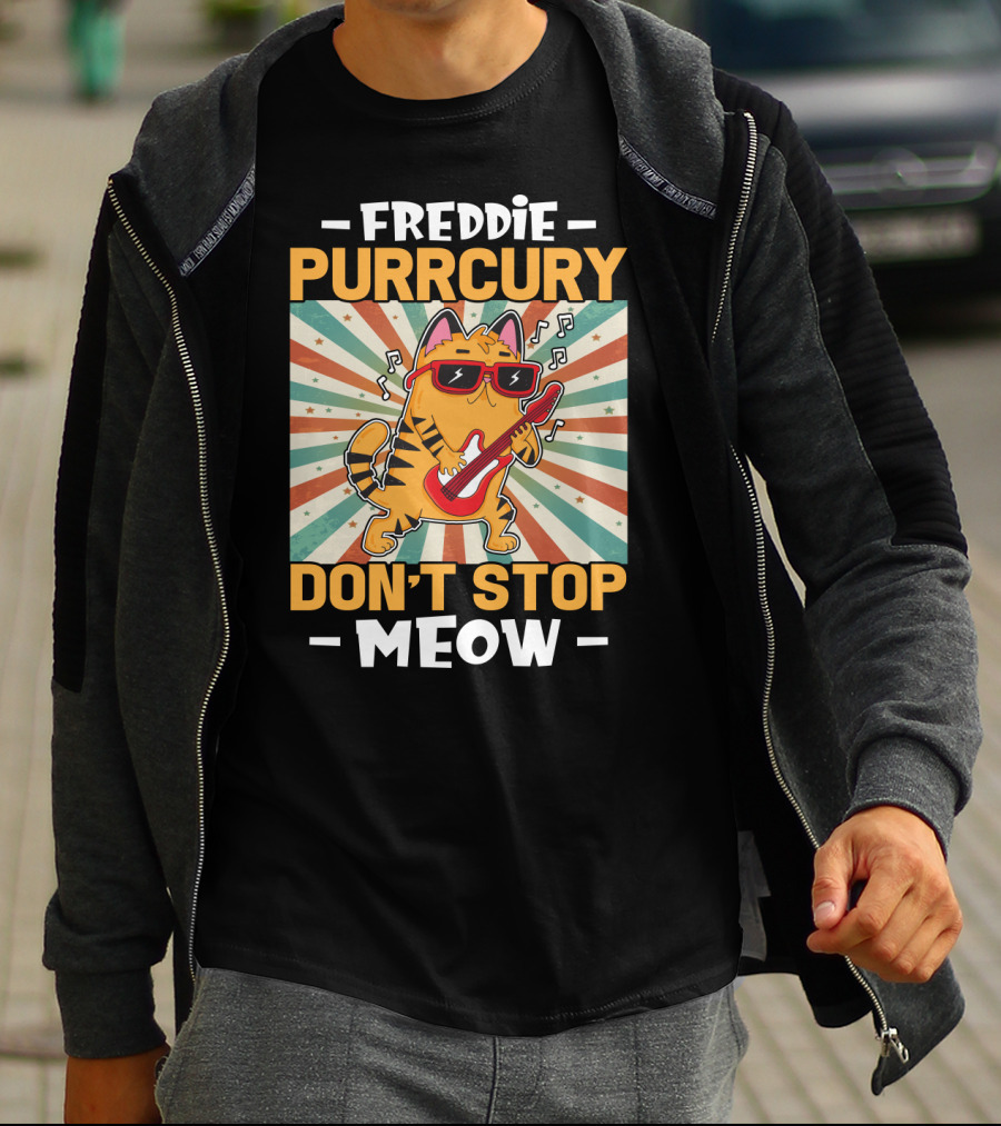 Freddie Purrcury Don't Stop Meow Cat With Guitar Retro Music Vibes T-Shirt