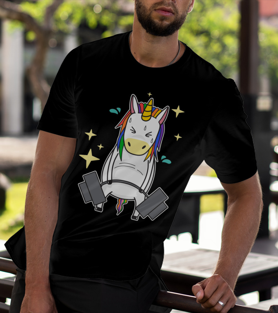 Unicorn Weightlifting Fitness Gym Sweat Rainbow Mane Stars T-Shirt