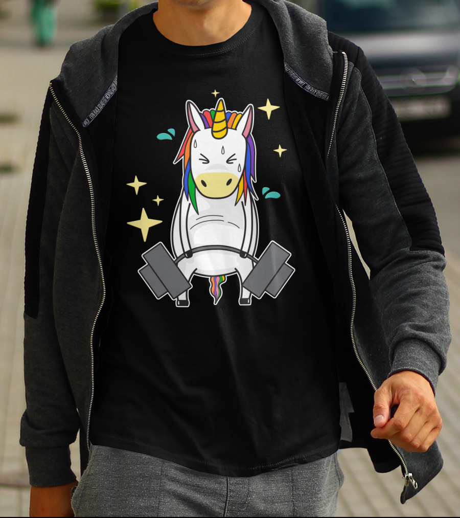 Unicorn Weightlifting Fitness Gym Sweat Rainbow Mane Stars T-Shirt