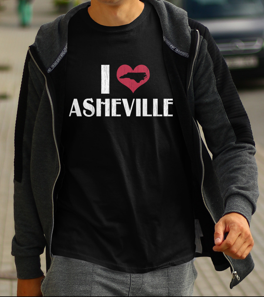 I Love Asheville NC Distressed Retro Style Heart Symbol With North Carolina Map T-Shirt