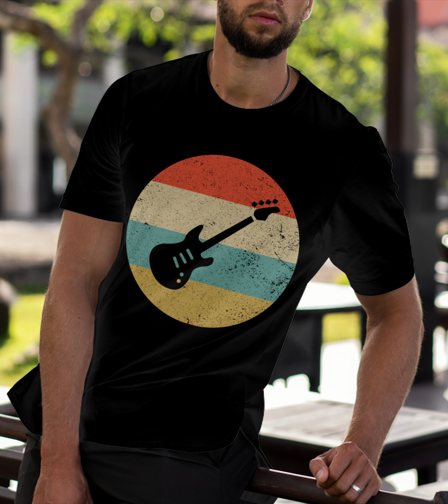 Vintage Retro Bass Guitar Silhouette Sunset Stripes T-Shirt