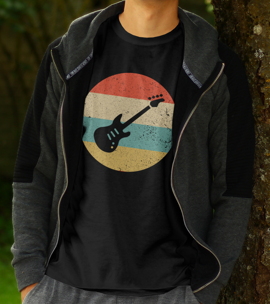 Vintage Retro Bass Guitar Silhouette Sunset Stripes T-Shirt