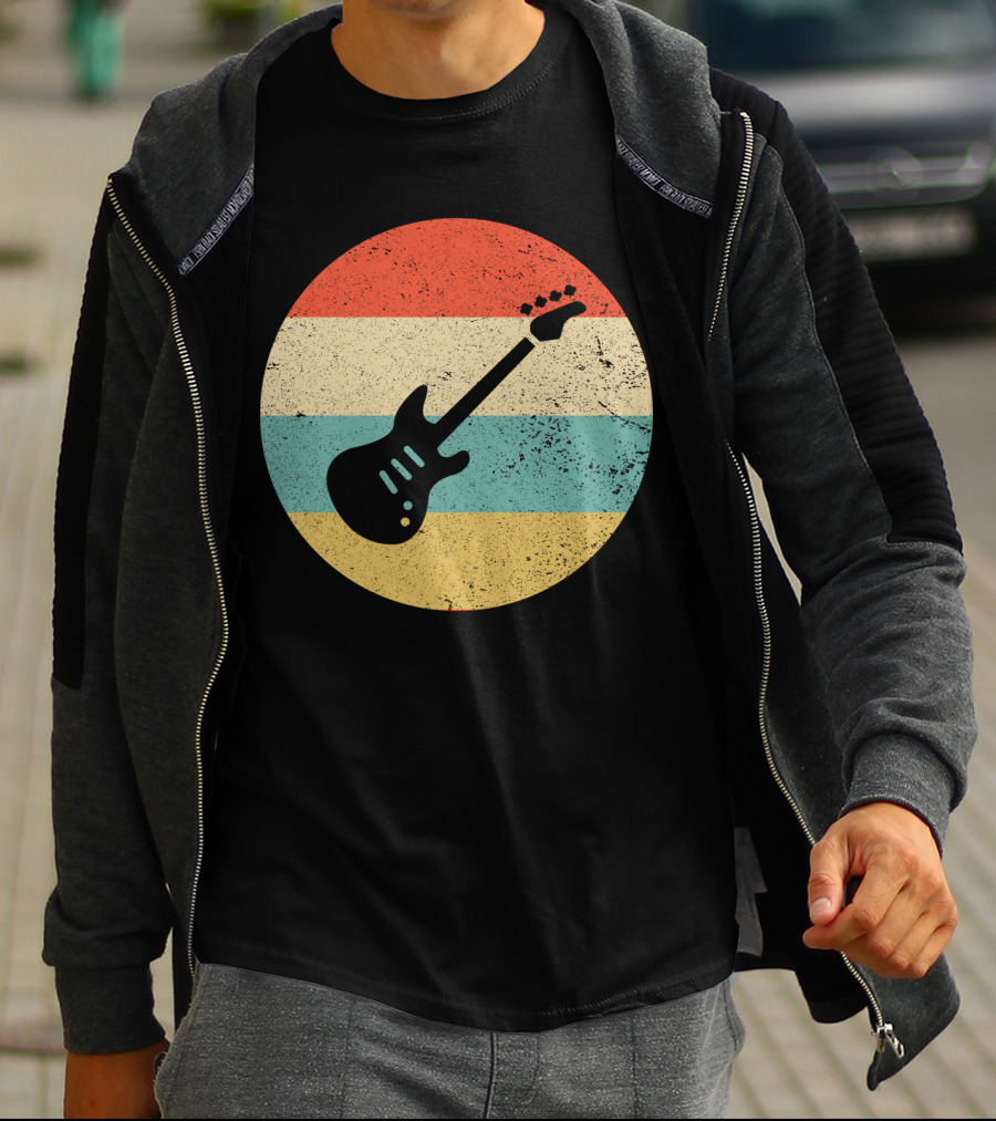 Vintage Retro Bass Guitar Silhouette Sunset Stripes T-Shirt