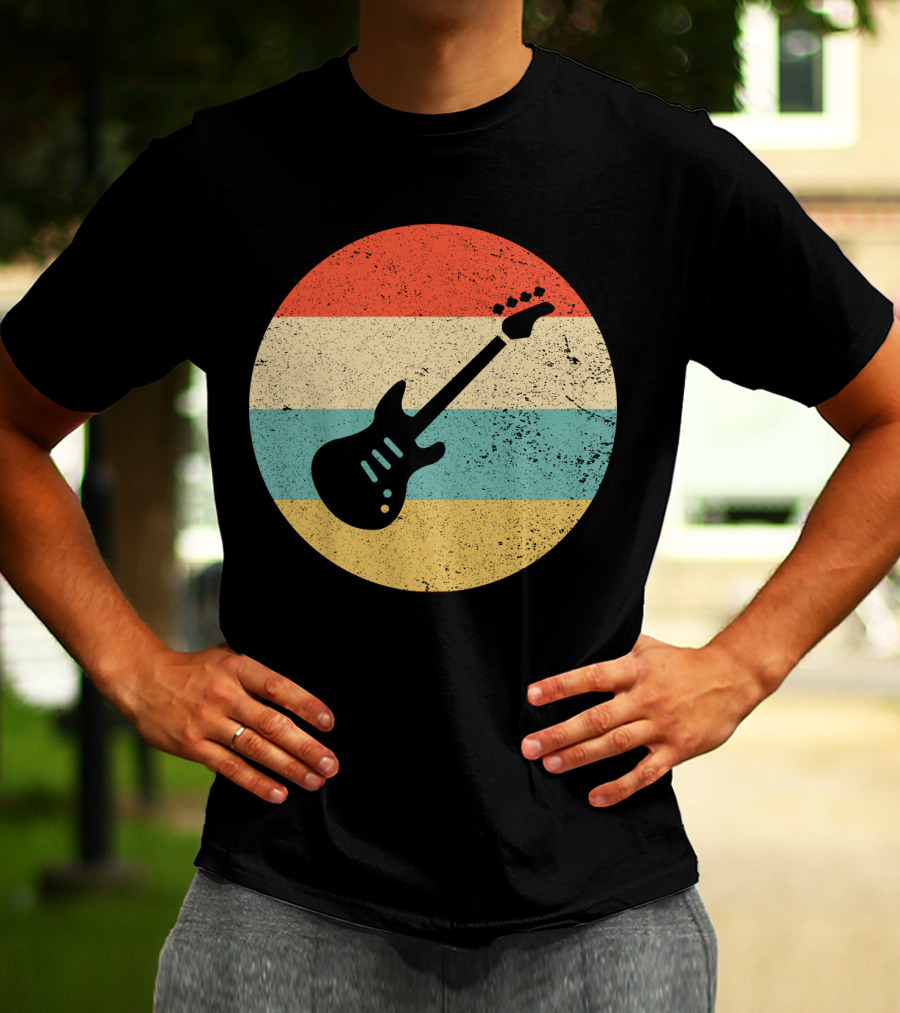 Vintage Retro Bass Guitar Silhouette Sunset Stripes T-Shirt
