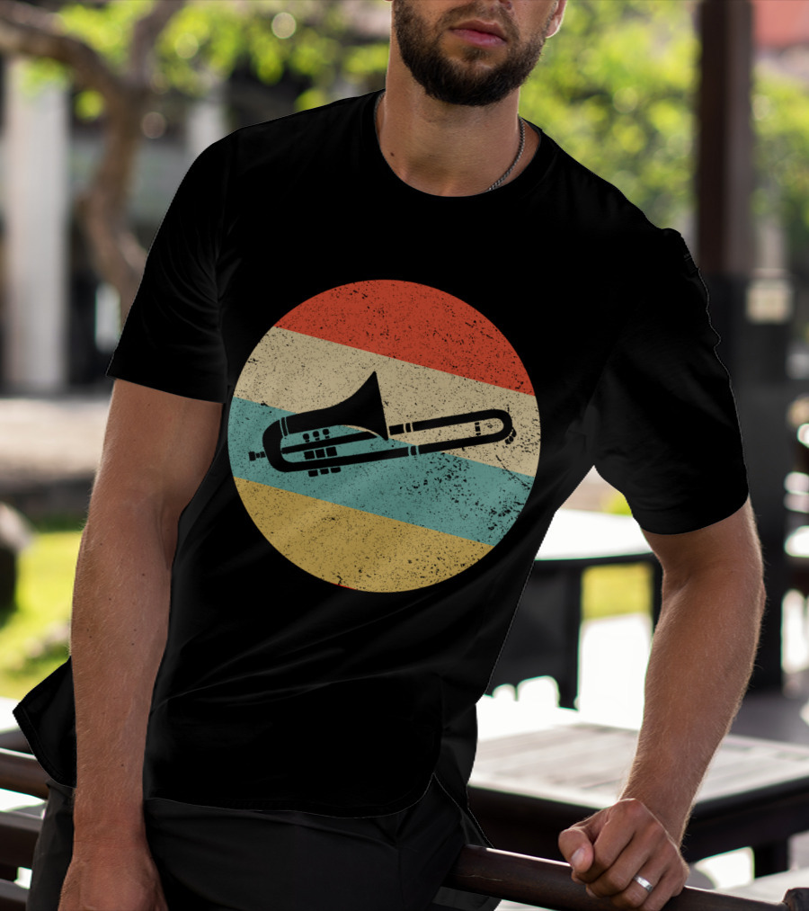 Vintage Retro Trombone Graphic On Striped Circle Background T-Shirt