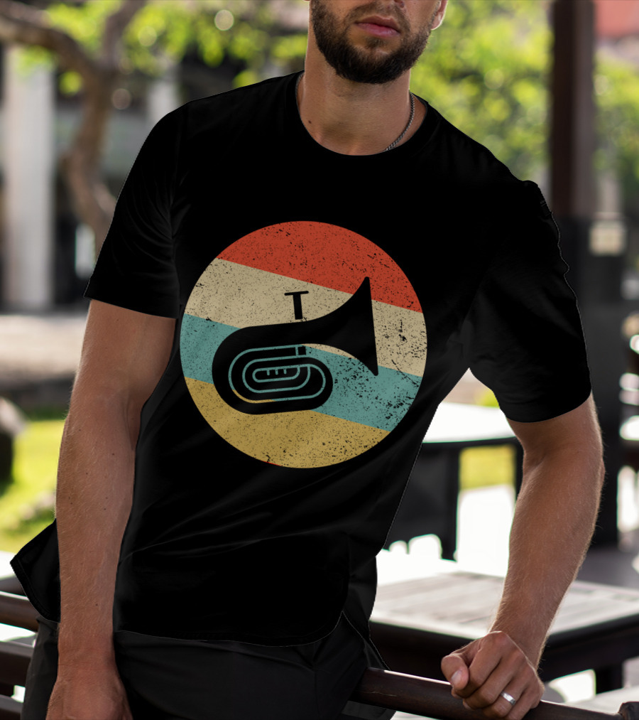 Vintage Retro Tuba Circle With Distressed Rainbow Stripes Background T-Shirt
