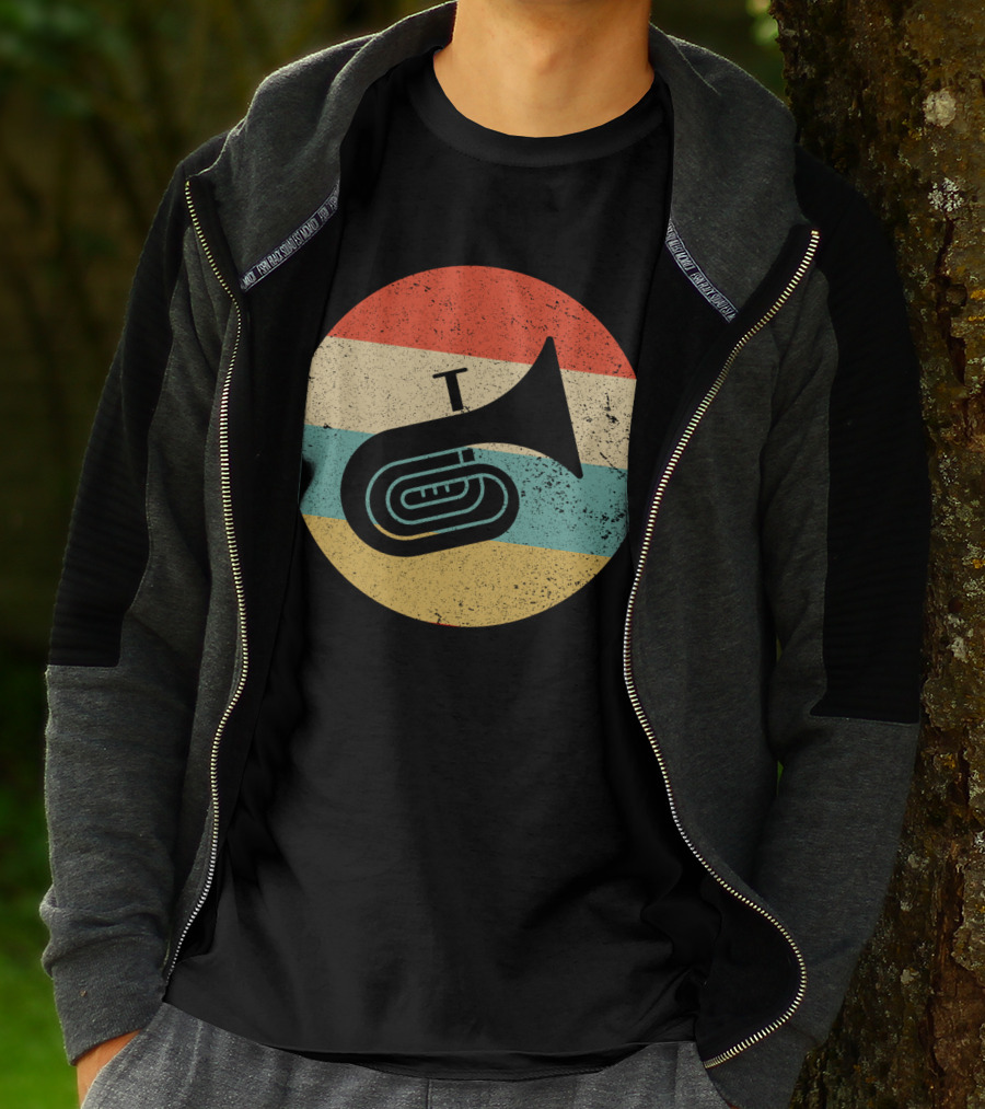 Vintage Retro Tuba Circle With Distressed Rainbow Stripes Background T-Shirt