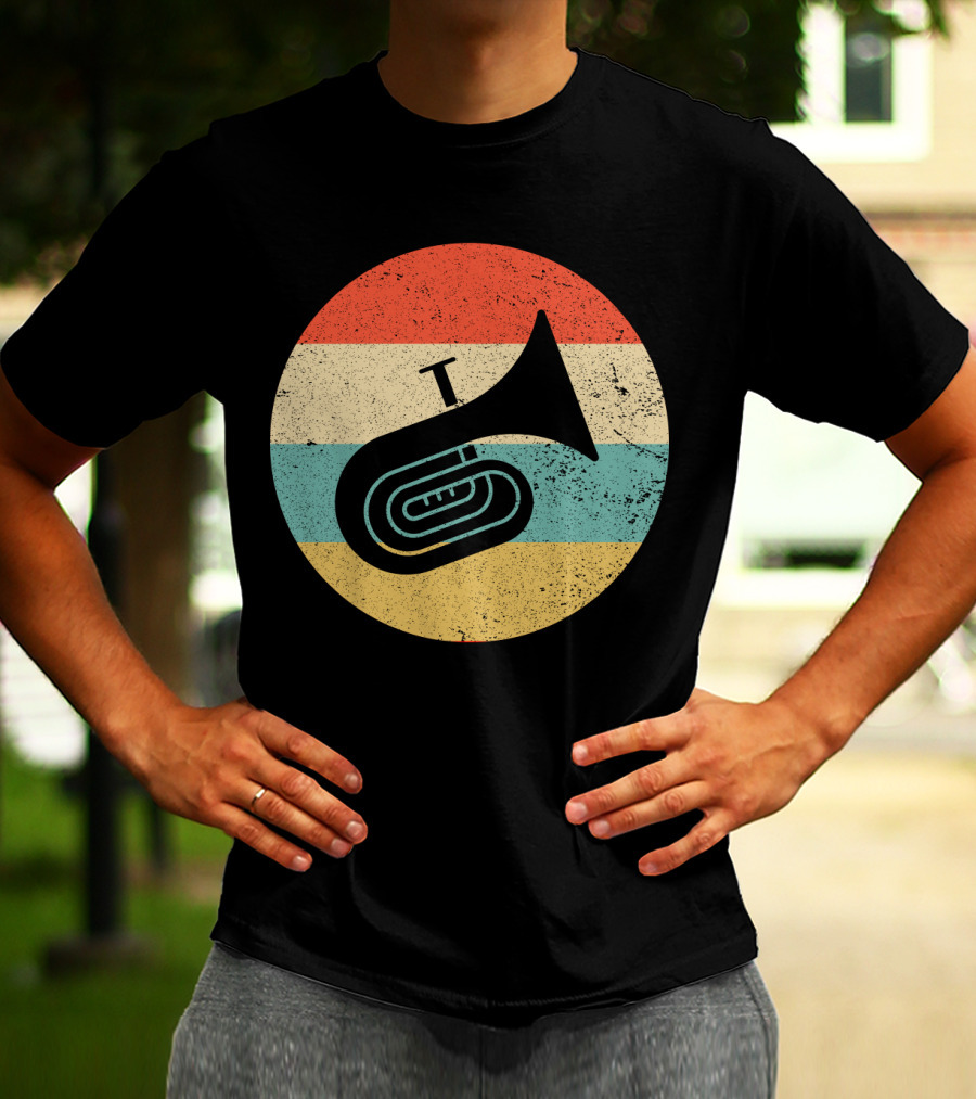 Vintage Retro Tuba Circle With Distressed Rainbow Stripes Background T-Shirt