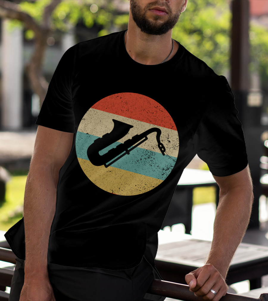 Retro Saxophone Circle Stripes Vintage T-Shirt