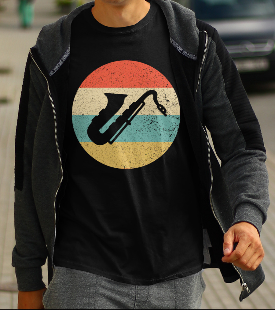 Retro Saxophone Circle Stripes Vintage T-Shirt