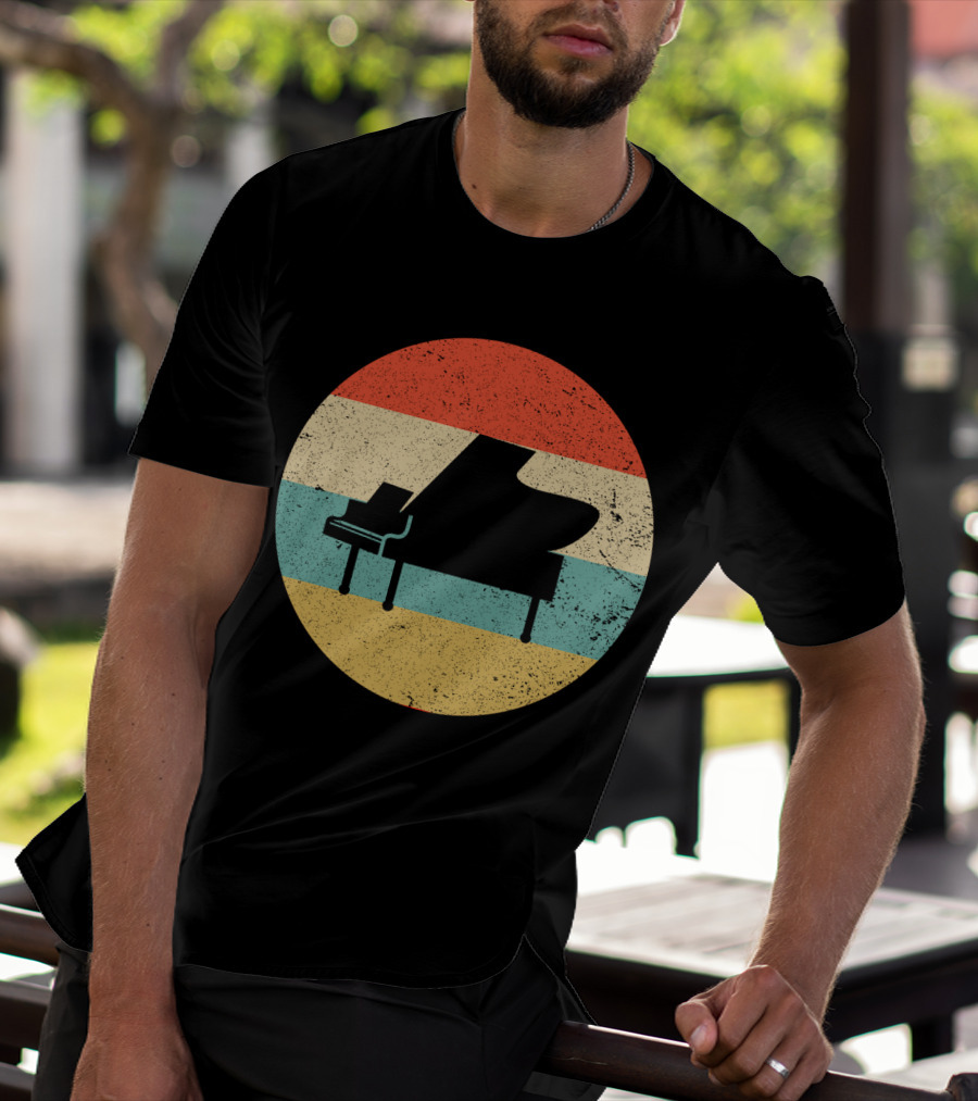 Vintage Retro Piano Silhouette With Stripes T-Shirt