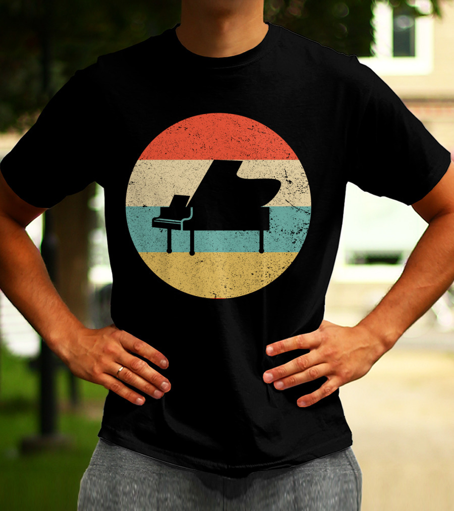 Vintage Retro Piano Silhouette With Stripes T-Shirt