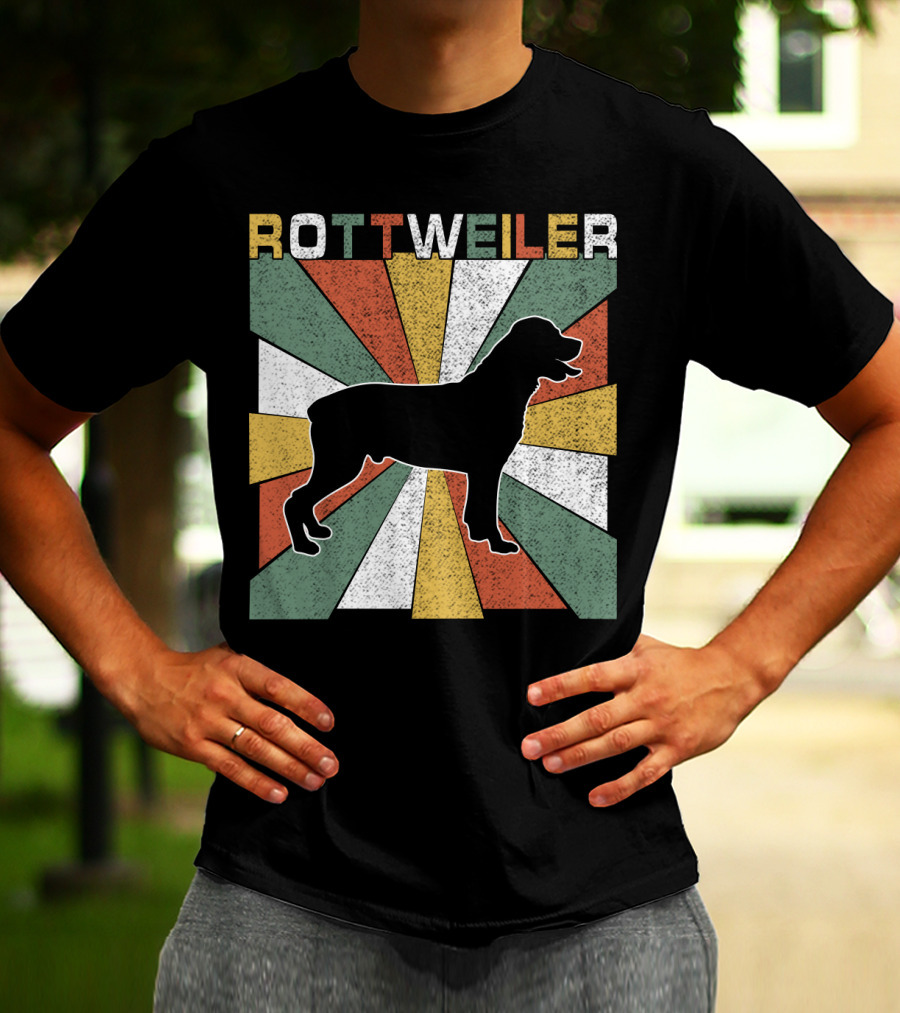 Rottweiler Dogs Retro 70s Vintage Silhouette Multicolor Stripes T-Shirt