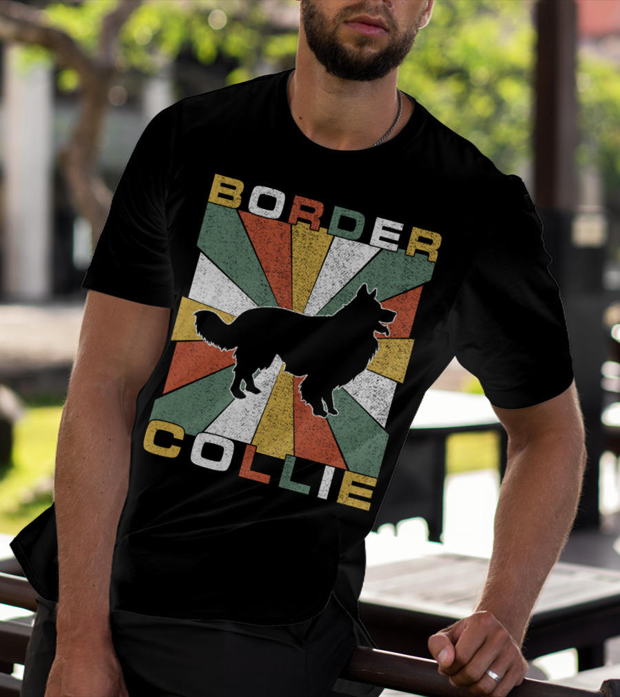 Border Collie Retro 70s Silhouette Radiant Stripes T-Shirt