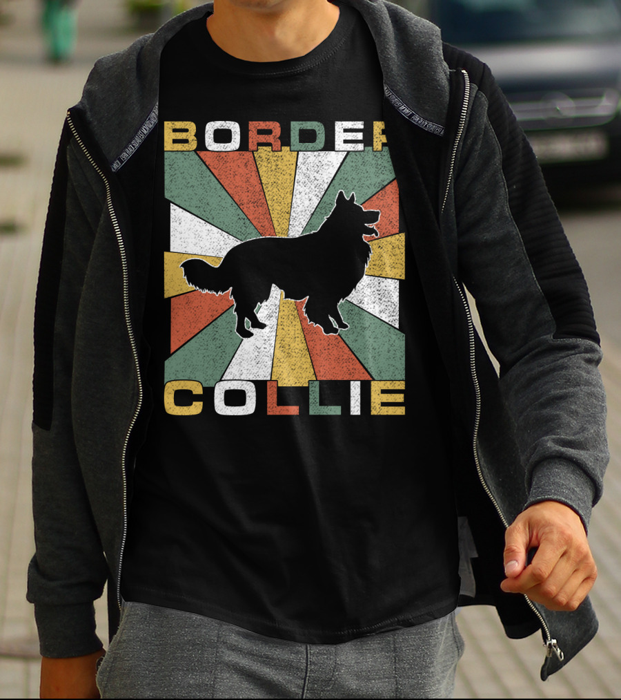 Border Collie Retro 70s Silhouette Radiant Stripes T-Shirt
