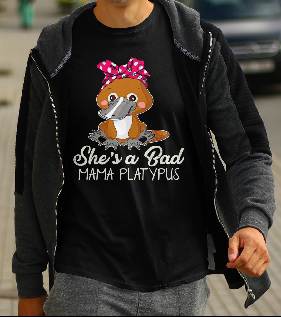 She's A Bad Mama Platypus Cute Cartoon Character With Pink Polka Dot Bow T-Shirt