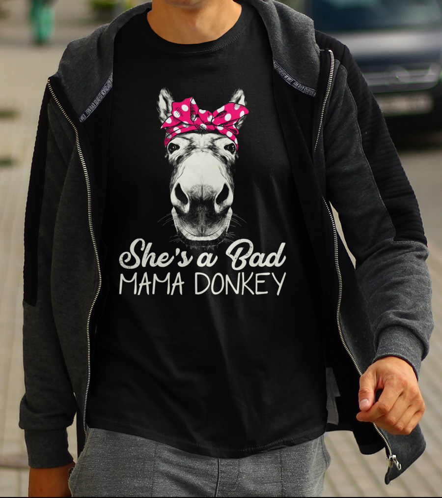 She's A Bad Mama Donkey With Pink Polka Dot Bandana T-Shirt