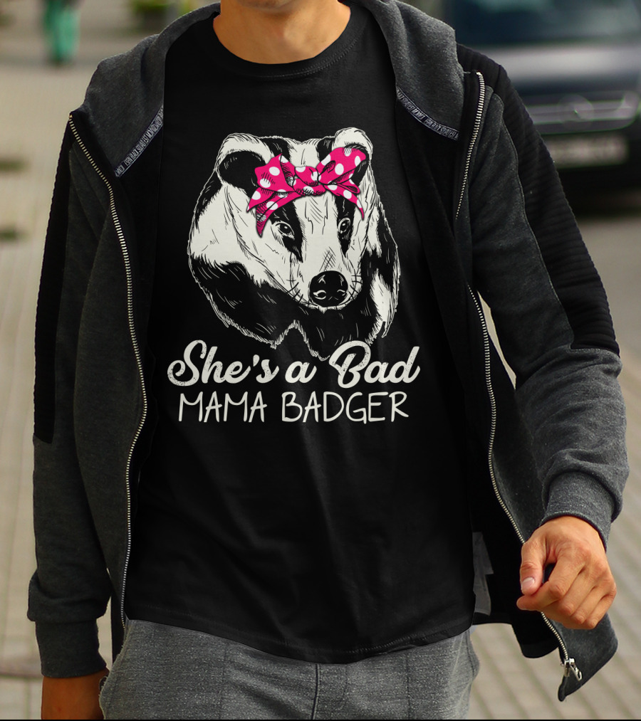 She's A Bad Mama Badger With Pink Polka Dot Bow T-Shirt