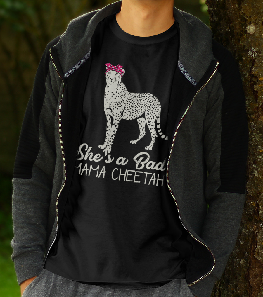 She's A Bad Mama Cheetah With Pink Polka Dot Bow T-Shirt