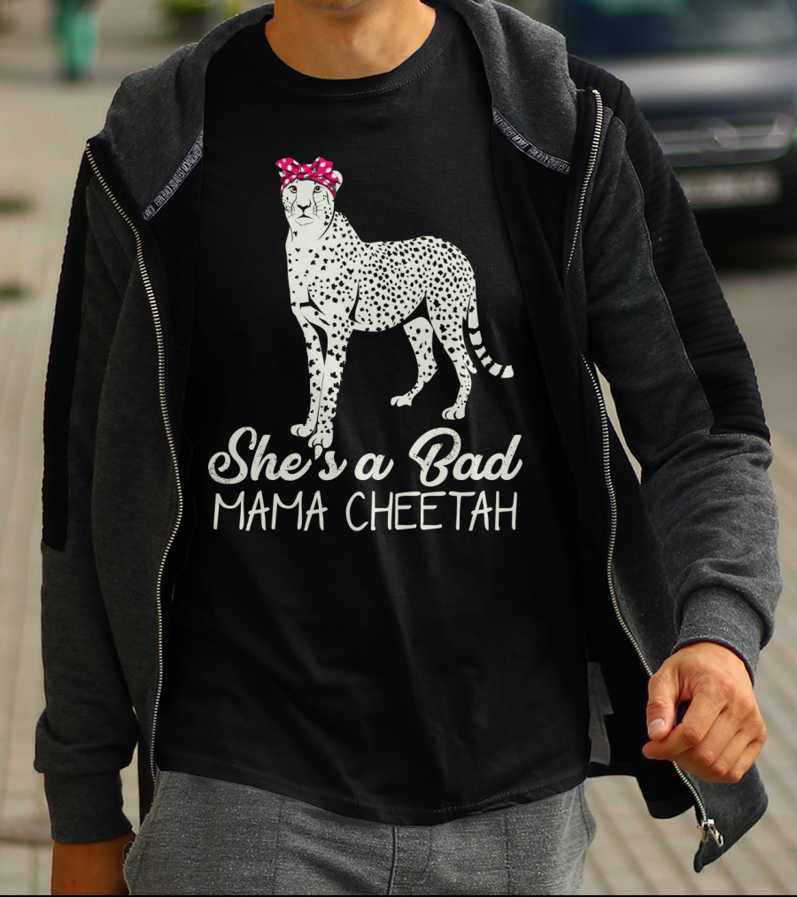 She's A Bad Mama Cheetah With Pink Polka Dot Bow T-Shirt