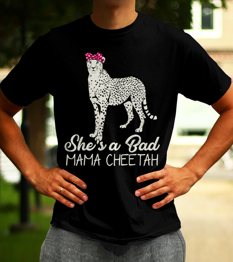 She's A Bad Mama Cheetah With Pink Polka Dot Bow T-Shirt