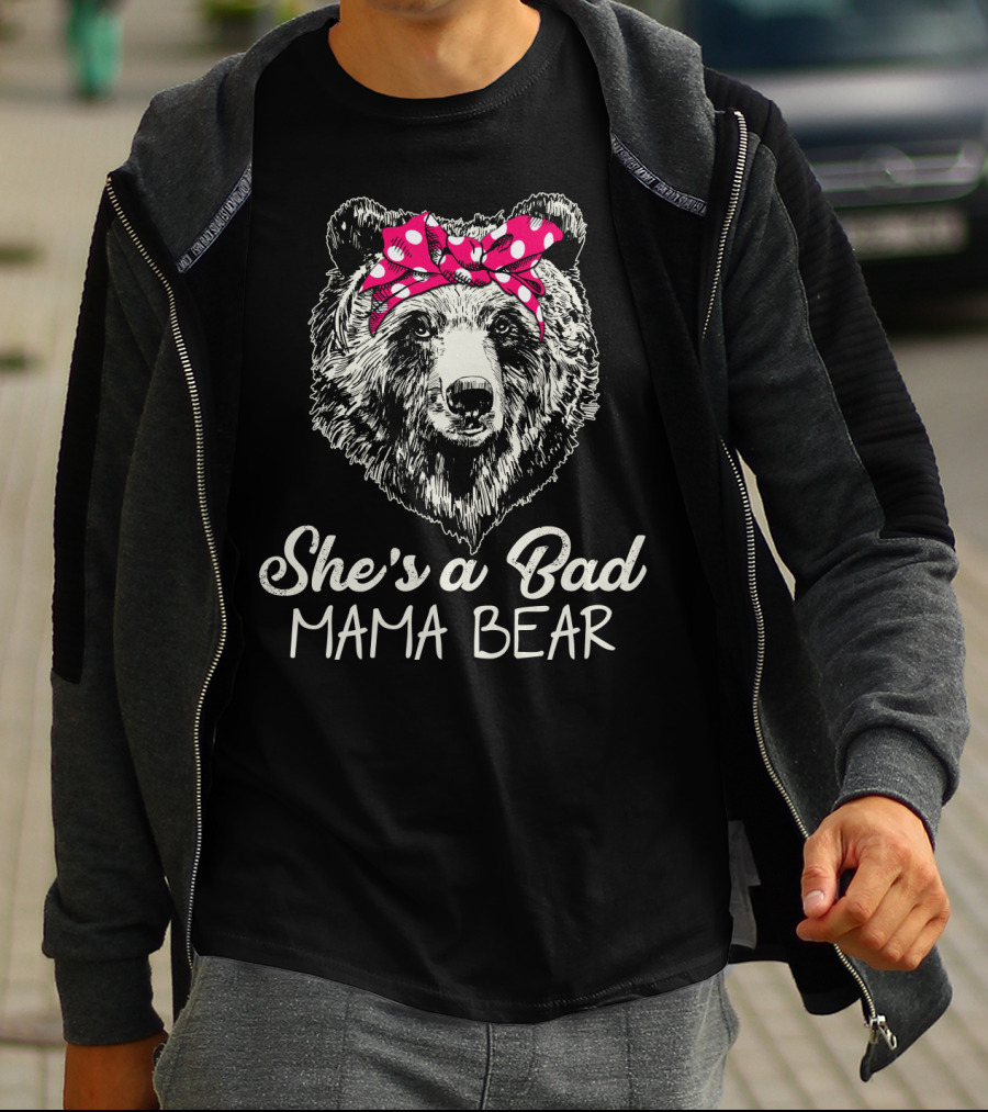 She's A Bad Mama Bear With Polka Dot Bow T-Shirt
