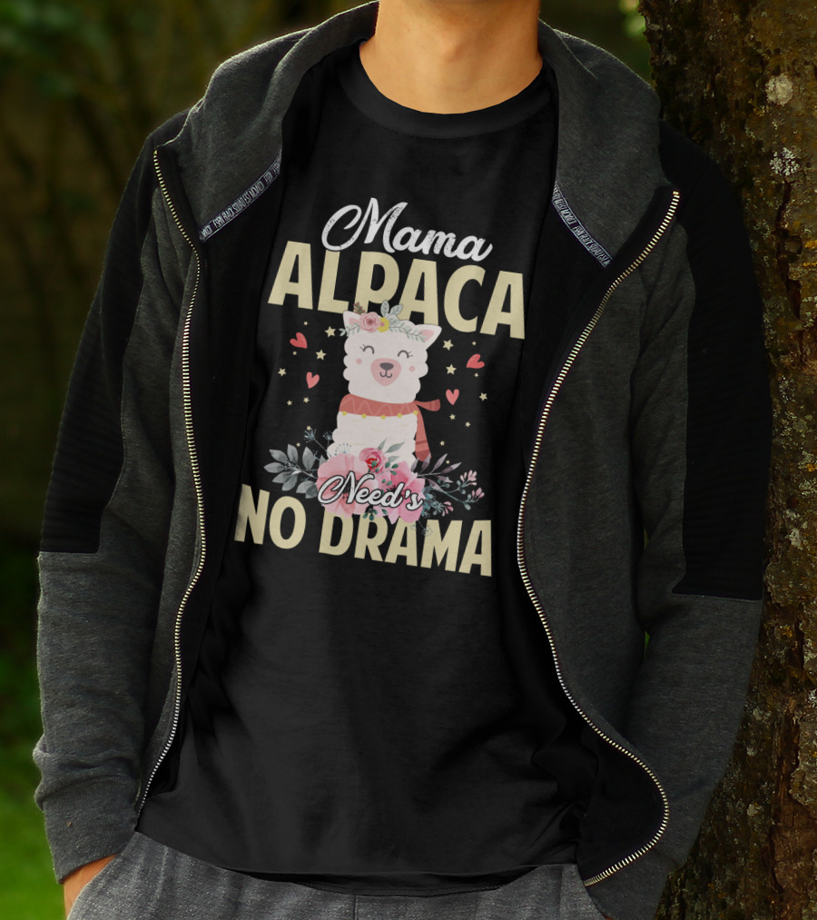 Mama Alpaca With Floral Heart Accents Needs No Drama T-Shirt