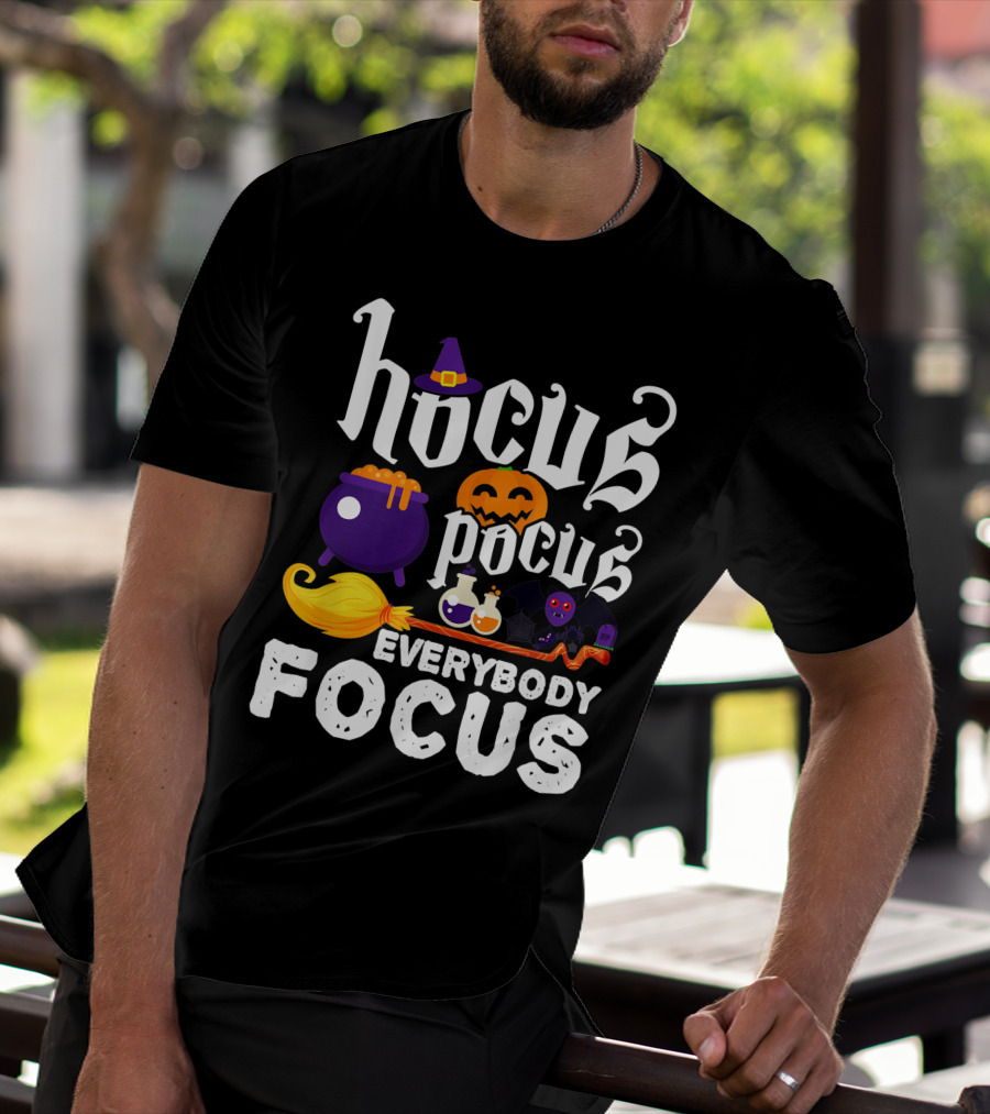 Hocus Pocus Everybody Focus Funny Halloween Costume Cauldron Pumpkin Broom Bat Potions T-Shirt